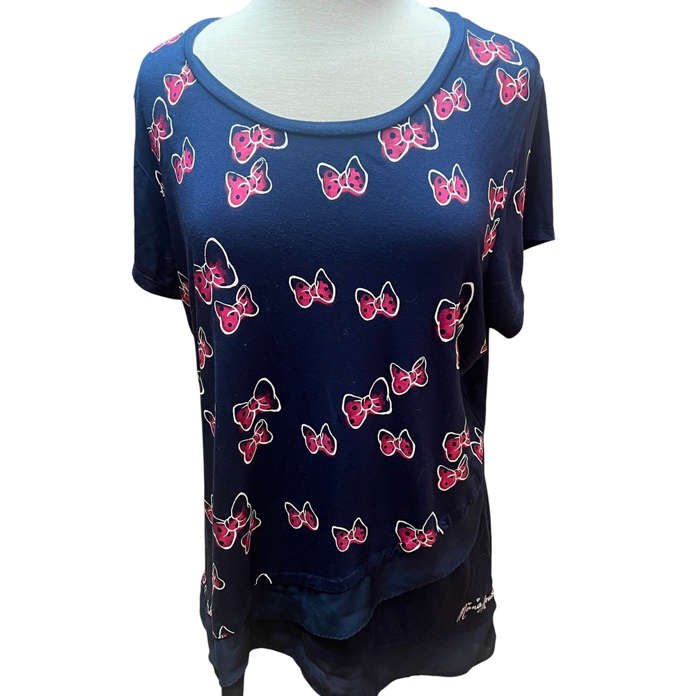 Minnie Mouse Disney Layered‎ Look T-Shirt Pink Bows on Navy Blue XL